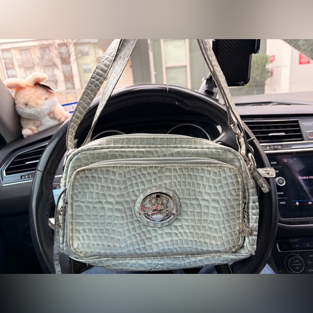 KATHY VAN ZEELAND Elegant Silver Crocodile-Embossed Shoulder Bag